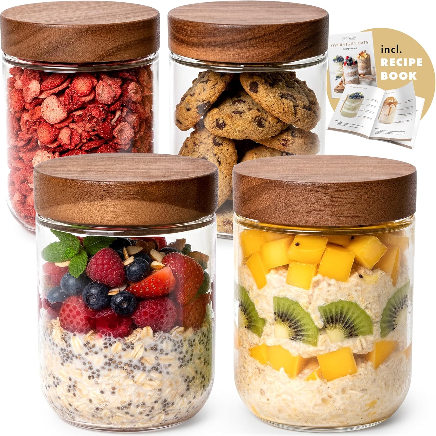 Food Storage Jars Plastic - Overnight Oats Containers with Lids Acacia