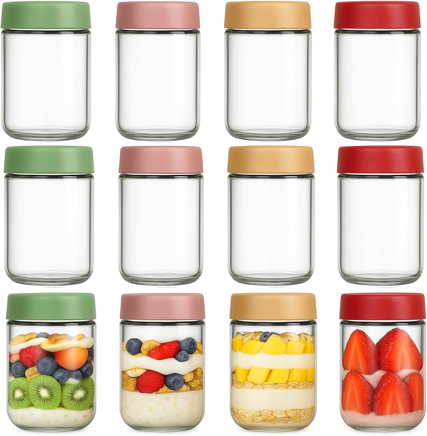 Food Storage Jars Plastic - 12 Pack Overnight Oats Containers with