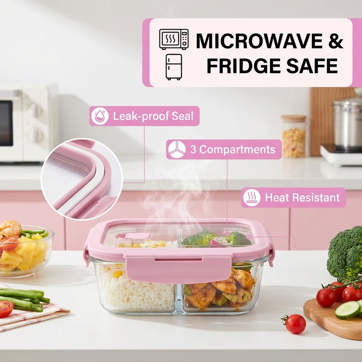 Pink Glass Lunch Box, 1050ml L - Food Storage Lock Box avis et prix