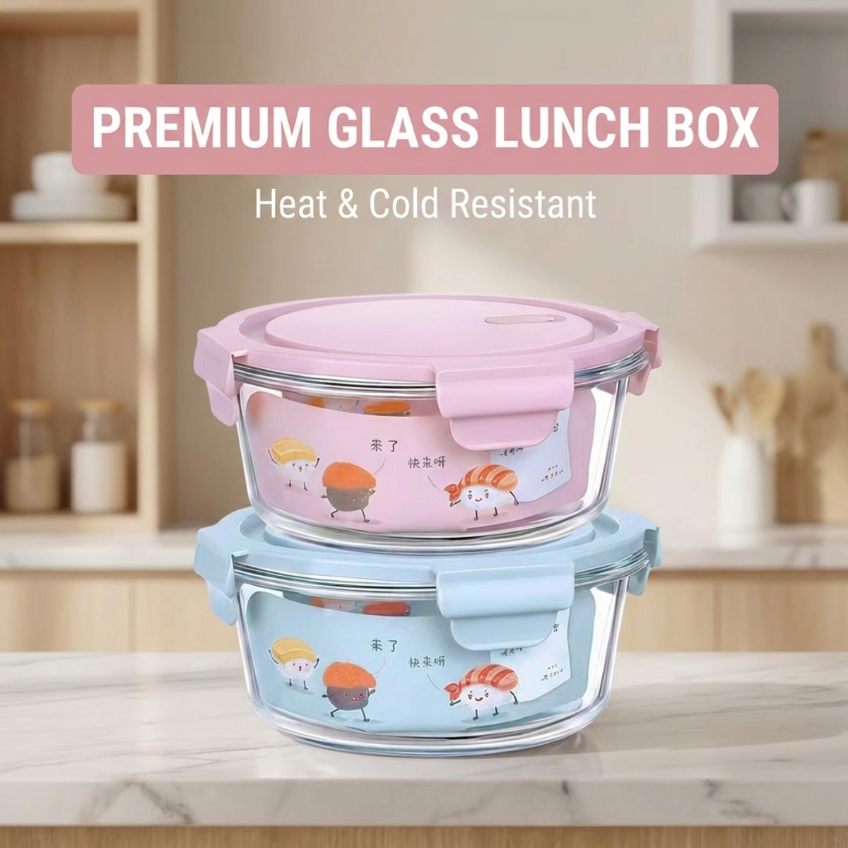 Pink Cartoon Sushi Round Glass - Food Storage Lock Box avis et prix